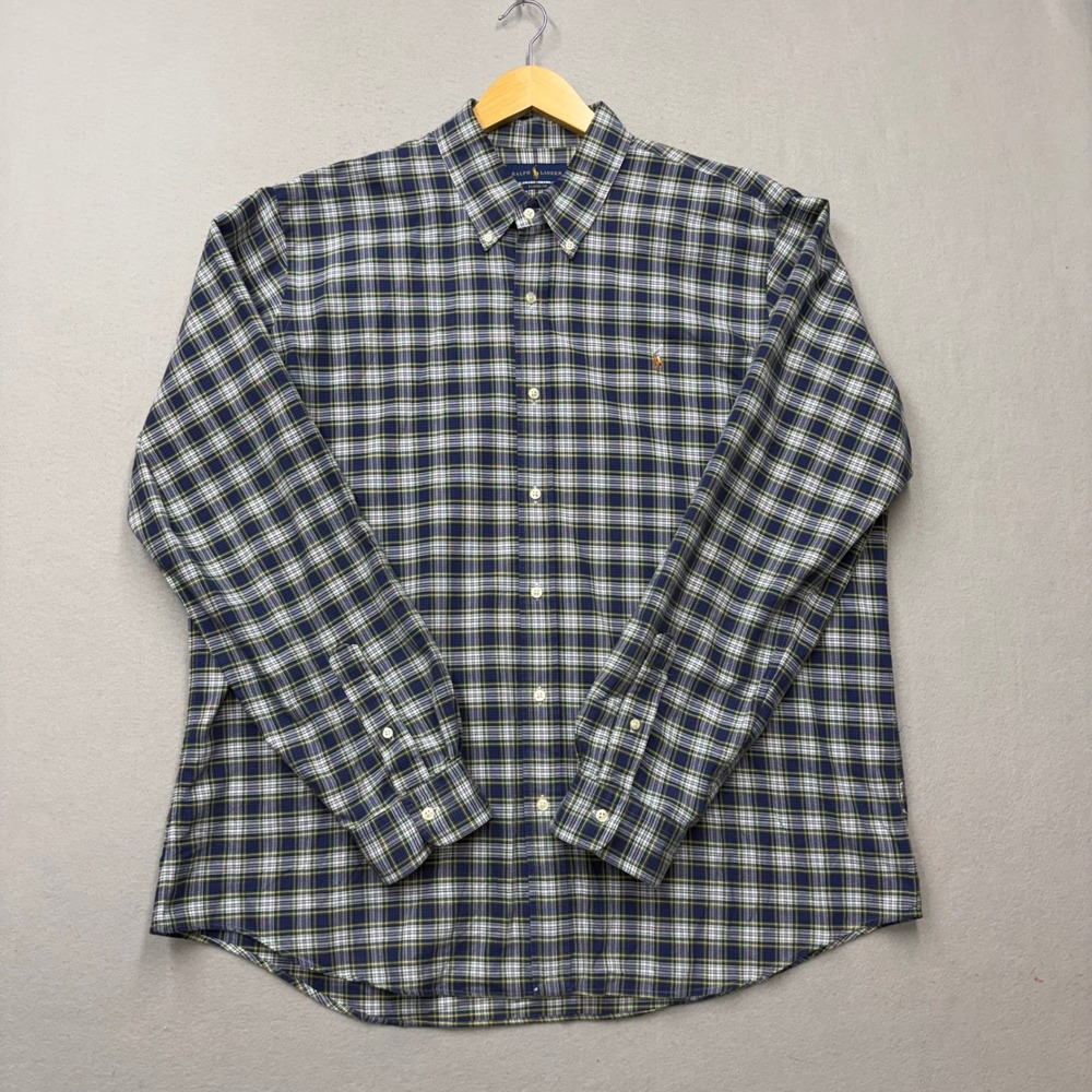 Ralph Lauren Button Down Shirt Mens XXL Blue Plaid Classic Fit Long Sleeve Pony
